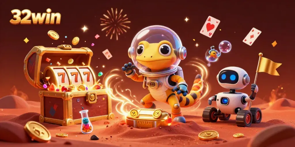Experience the excitement of 32win as a Martian gecko discovers a hidden gold casino amid vivid landscapes.