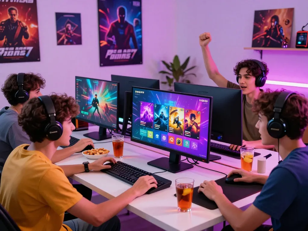 Friends enjoying games on HH55 platform, colorful screen graphics, joyful gaming atmosphere.