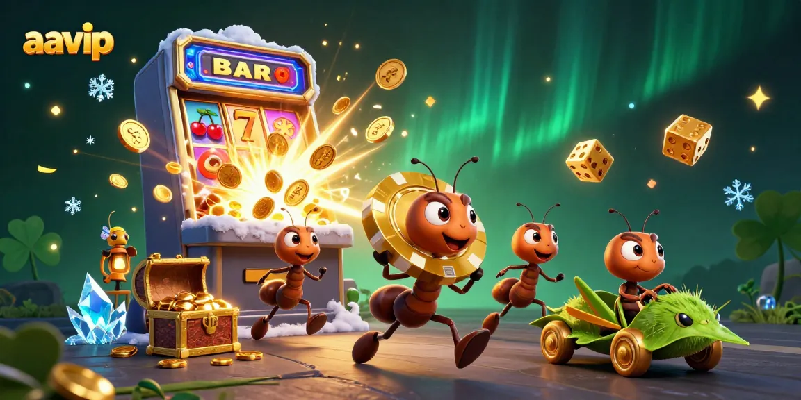 Aavip showcases a cartoon adventure of ants stealing a giant poker chip amid a casino explosion of winnings.