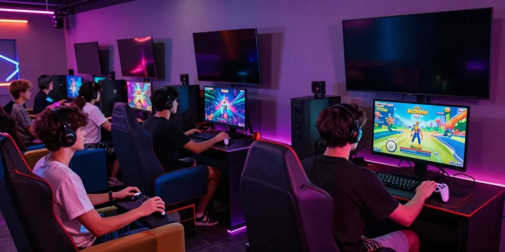 Nohuwin players enjoying a lively gaming environment with vibrant graphics and neon lights.