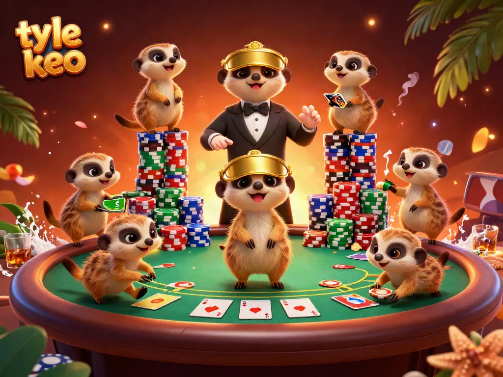Experience thrilling ty le keo action in a vibrant 3D casino scene with meerkats managing bets.
