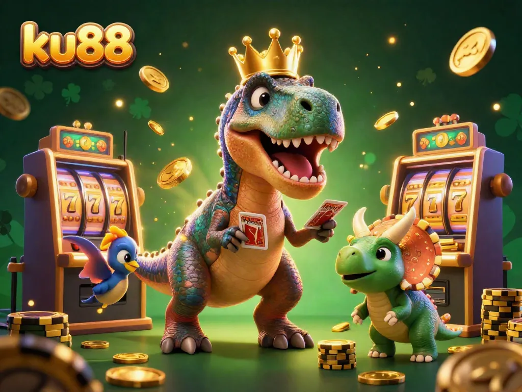 ku88 and friends enjoying a casino experience with slots and golden chips while playing a game.
