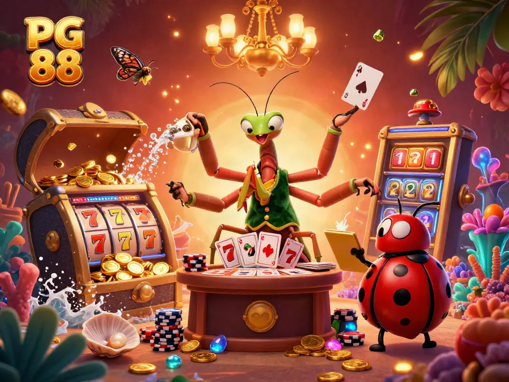 Experience the thrill of PG 88's exciting casino games with vibrant slot reels, sparkling coins, and a charming mantis dealer.