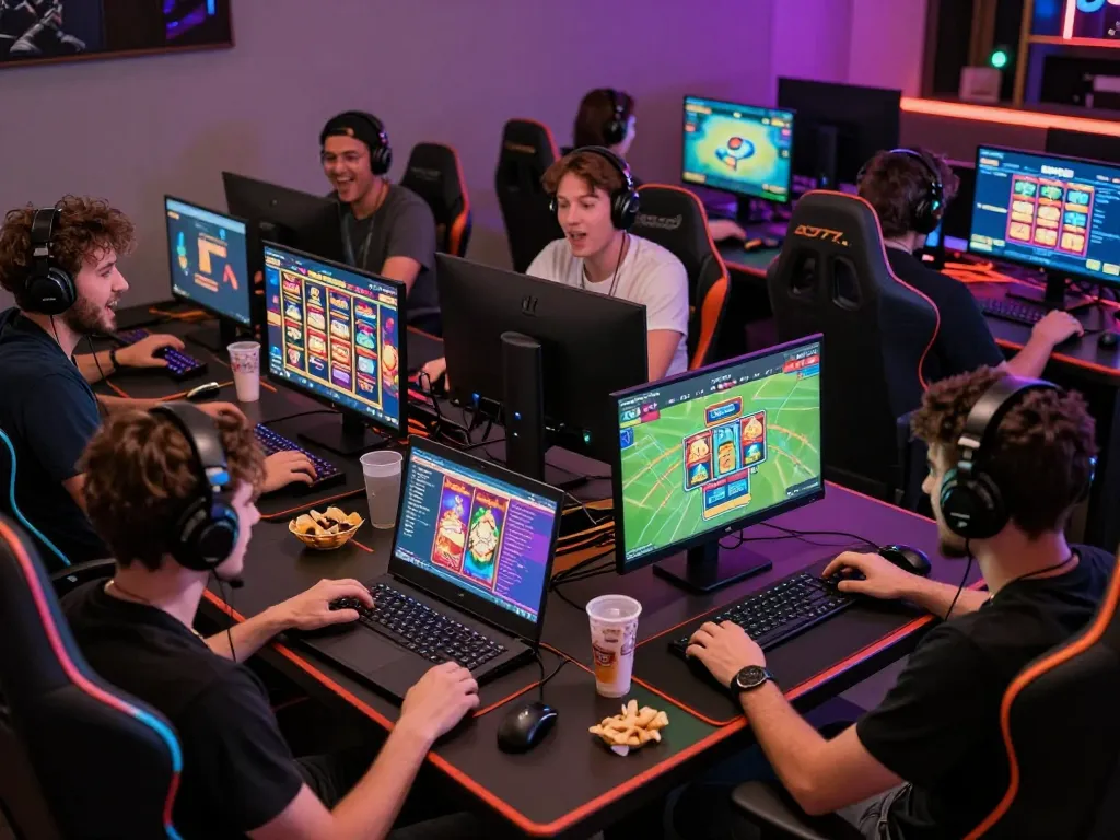 AQ777 online gaming scene with players enjoying slots and blackjack in an exciting gaming environment.