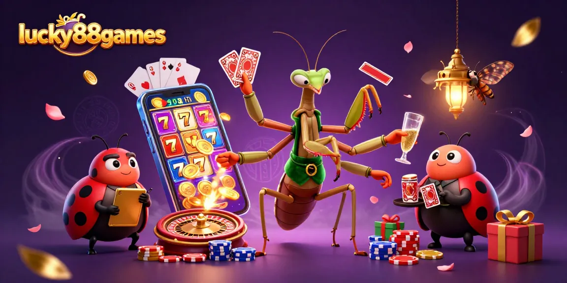 Lucky88games showcases a vibrant 3D casino scene with a giant praying mantis sharp dealing cards amidst a party atmosphere.