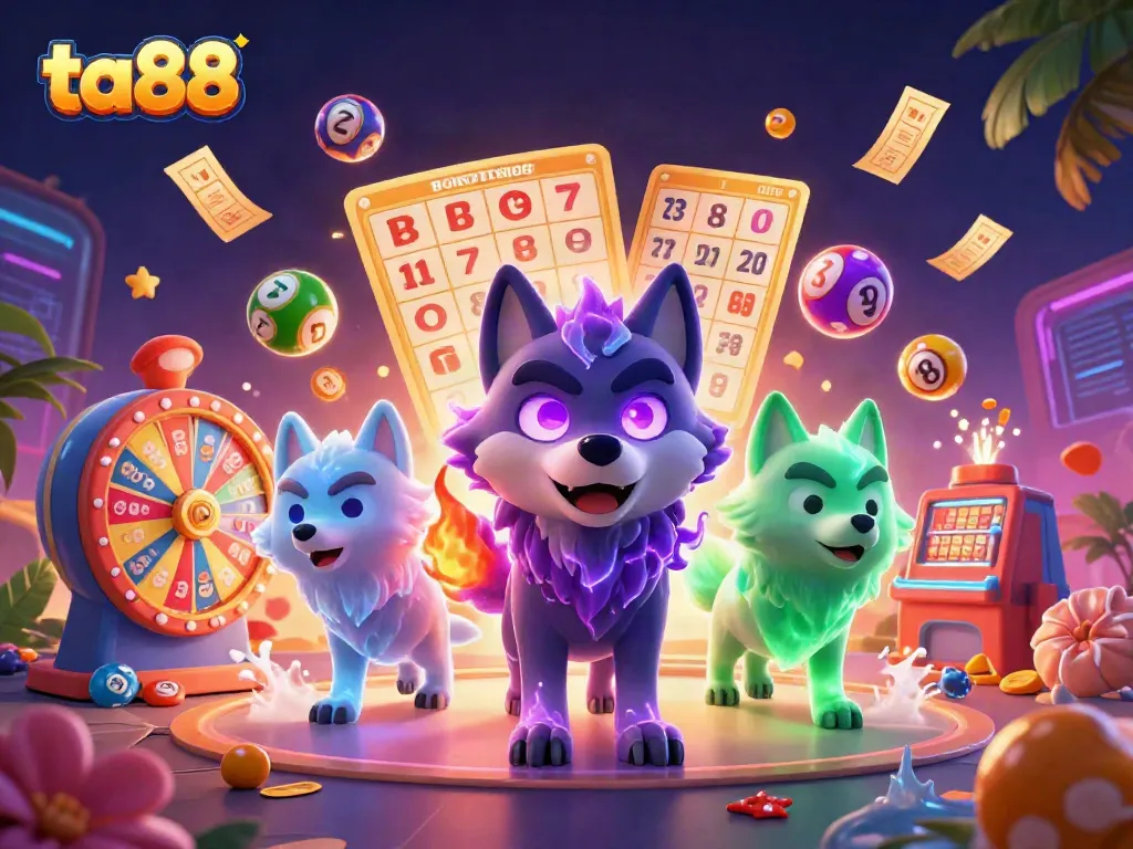 Experience the excitement of ta88 gaming as the leader wolf with glowing purple eyes captivates amidst colorful lottery elements.