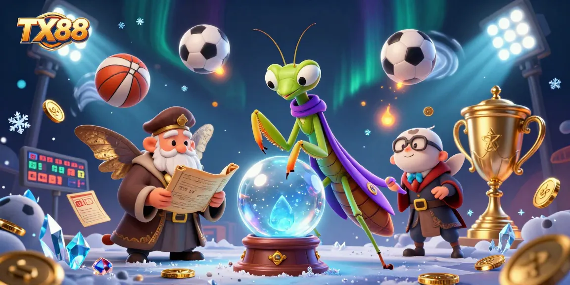 Engage in thrilling sports betting with TX88's vibrant 3D illustration featuring dynamic action and fortune tellers.
