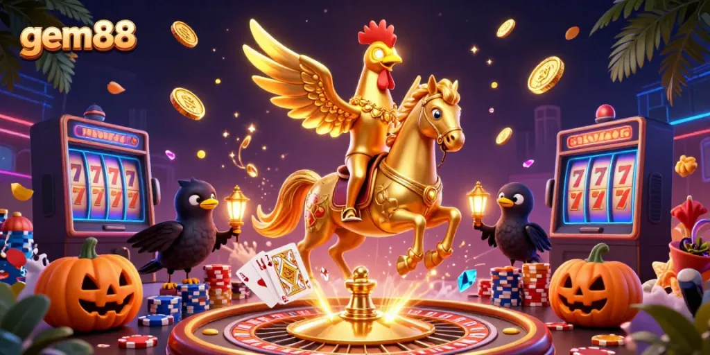Experience the excitement of gem88 casino with a vibrant 3D illustration of a golden rooster and gaming elements.