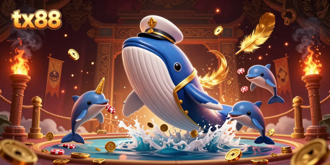 Experience the tx88 thrill with a cartoon whale breaching in coins, surrounded by engaging gambling elements.