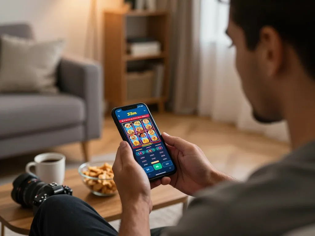 Engaging gameplay with the 33nn com casino app displayed on a smartphone in a cozy living room.