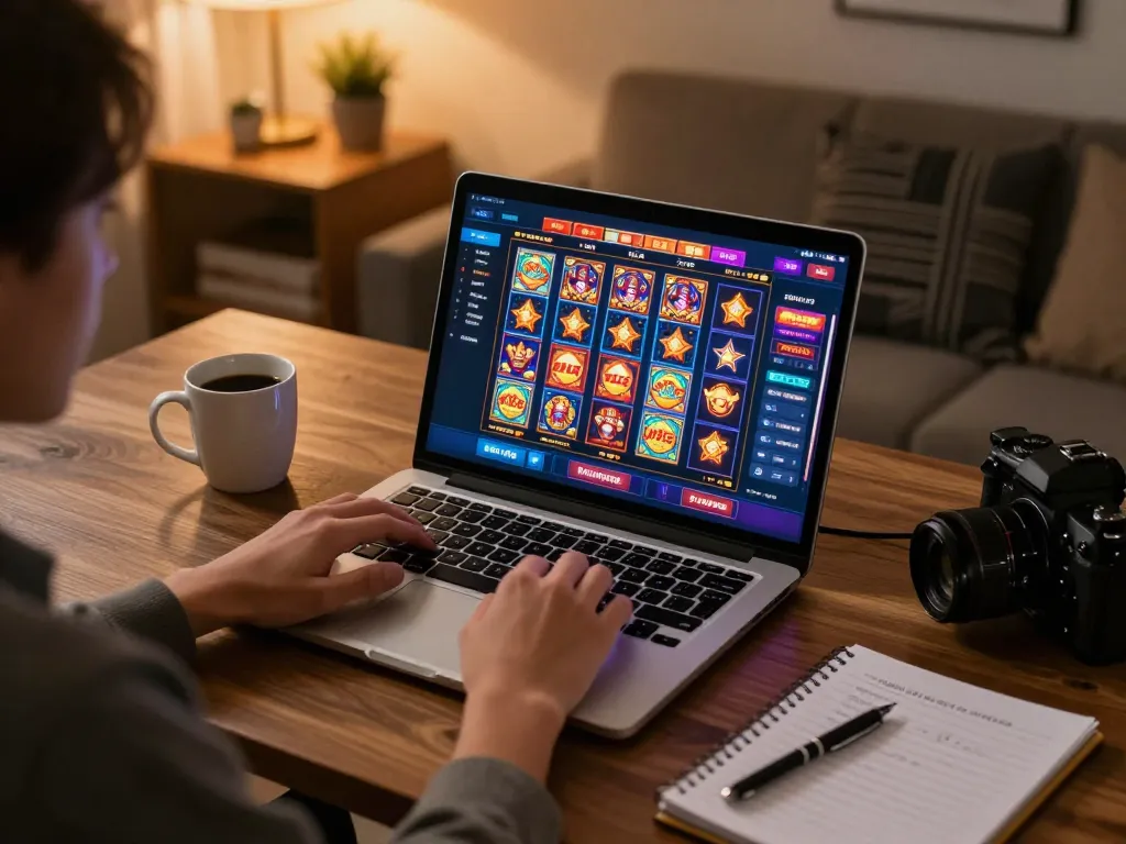 Engaging in mk8 online gambling with laptop displaying casino games and strategy notes.