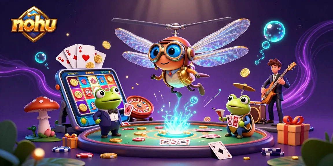Nohu-themed 3D casino illustration with a dragonfly pilot, frog croupier, and jazz musicians creating engaging gambling action.