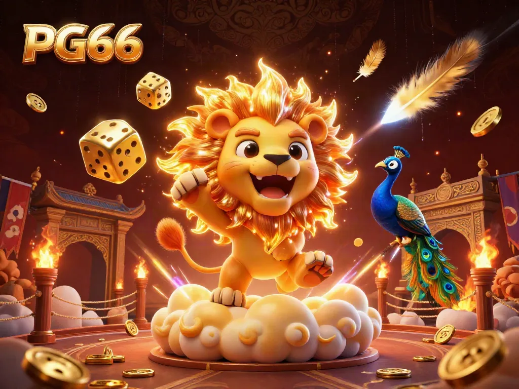 PG66 elevates your gaming with a vibrant illustration of a roaring lion and cosmic dice in a 3D casino world.