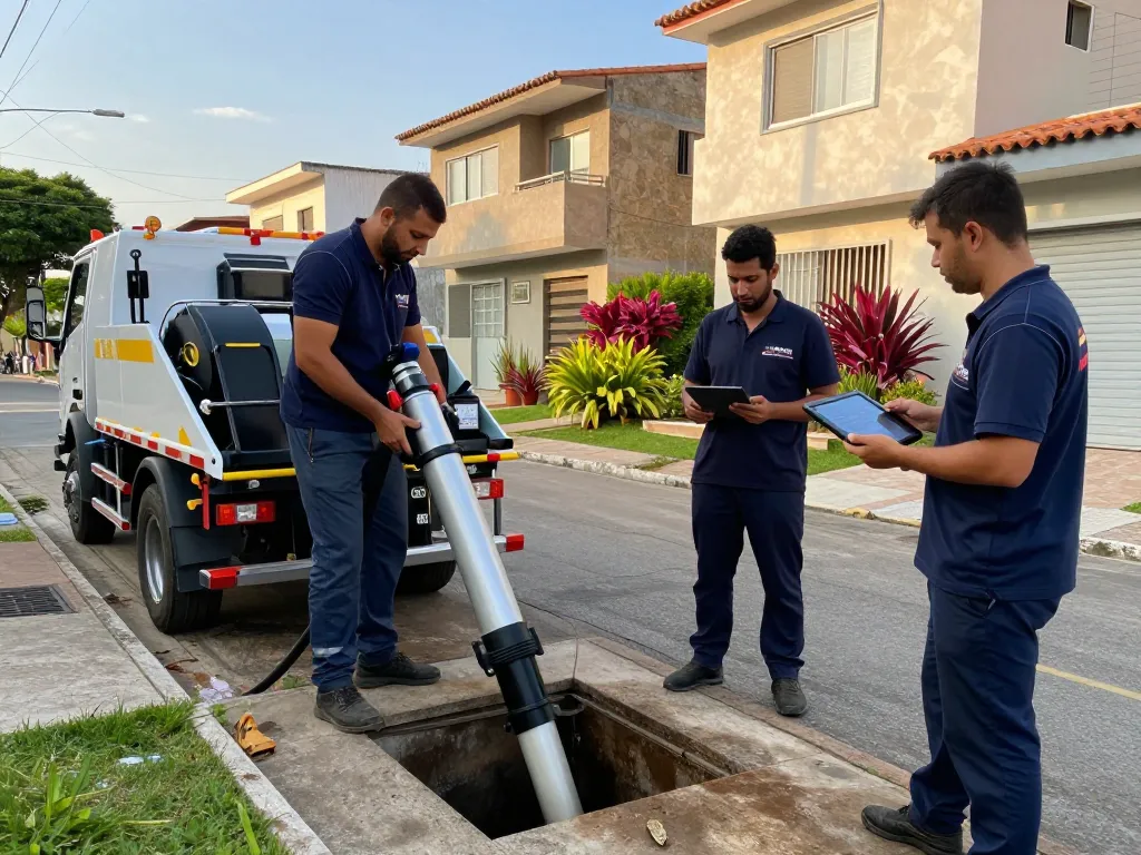 Efficient Limpa fossa em São Paulo service scene with expert technicians using advanced vacuum truck for fossa cleaning.