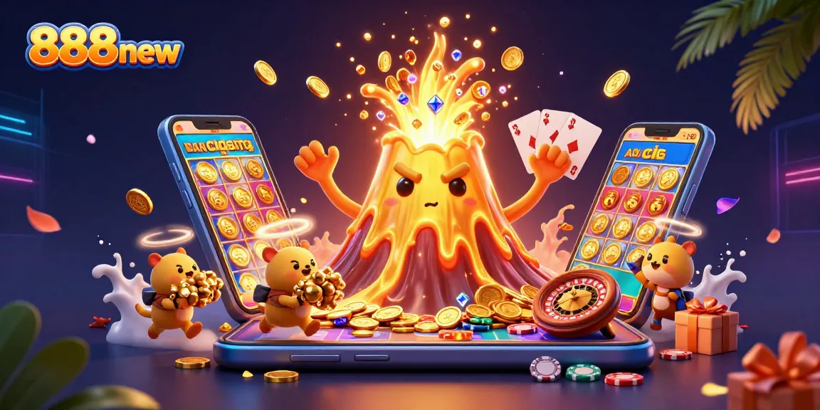 Experience 888new's thrilling gaming adventure with treasures erupting from a golden volcano.