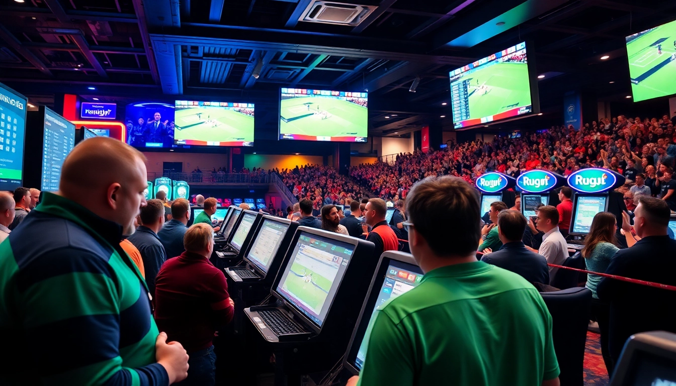 Placing bets on rugby paris sportif in an exciting casino atmosphere filled with fans.
