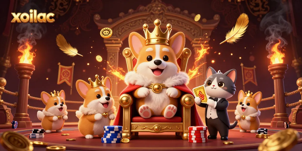 Explore xoilac live betting with a vibrant scene showcasing corgis amidst casino elements.