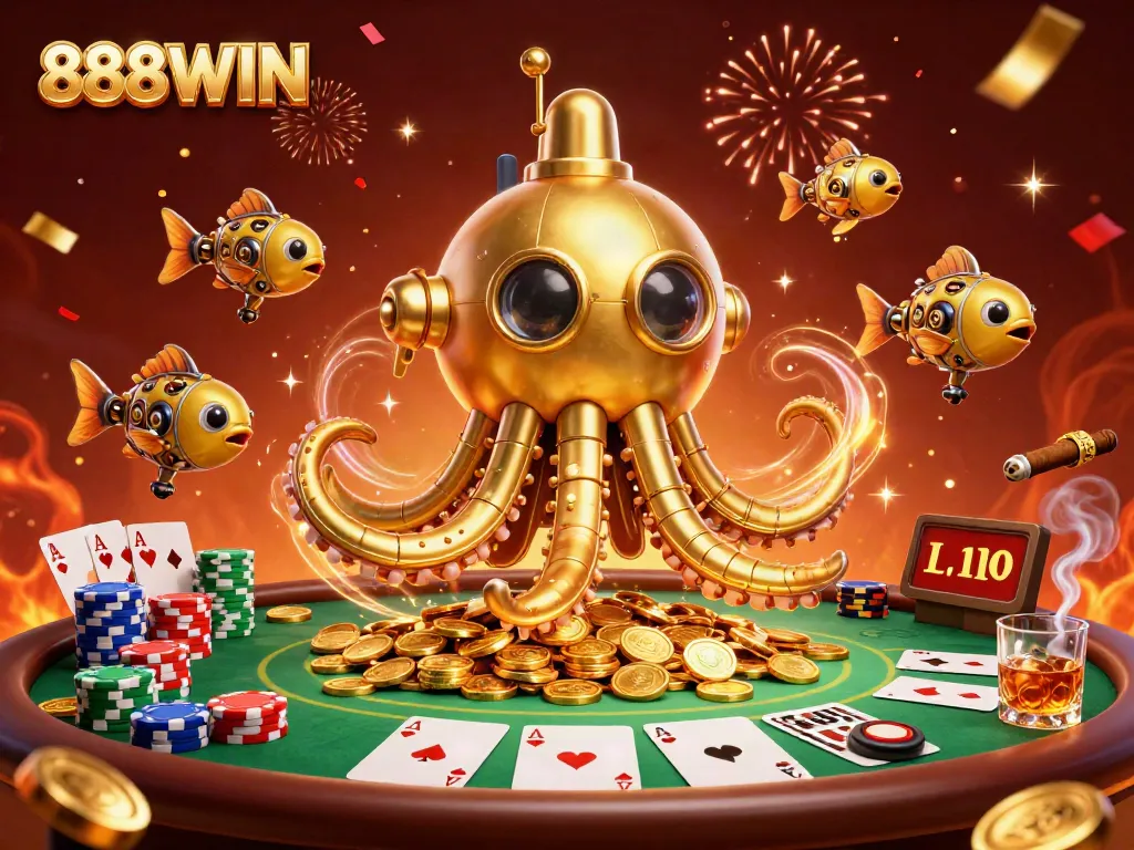 Experience the thrill of winning with 888WIN in this dynamic casino scene filled with golden treasures.