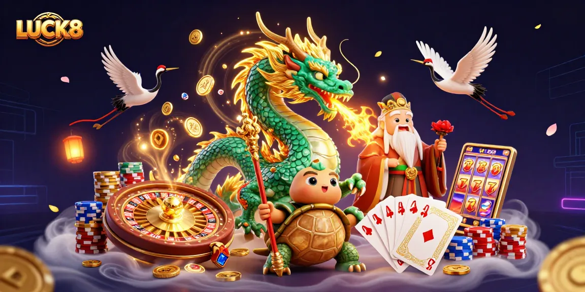 Spin at LUCK8's vibrant casino scene featuring a jade dragon and lucky cranes in action.