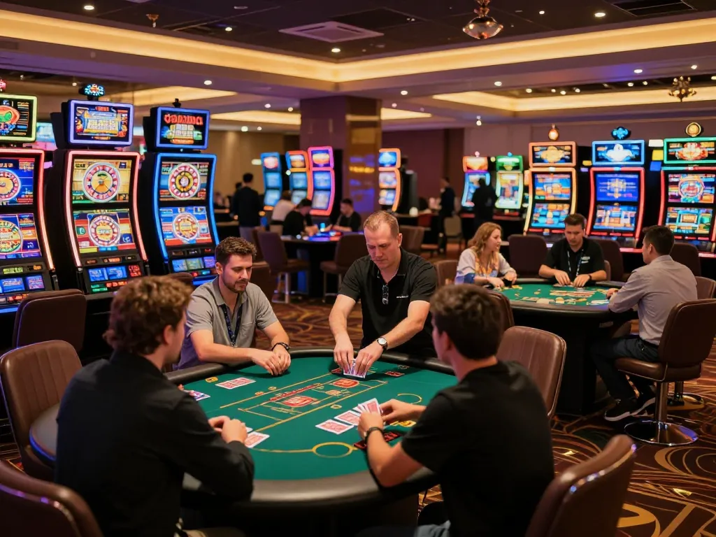 Players enjoying thrilling games at 75W casino, showcasing vibrant slot machines and card tables.