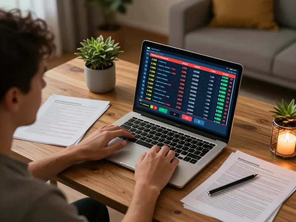 Apostando em esportes online de forma envolvente em casa com 166bet na tela do laptop e documentos estratégicos.