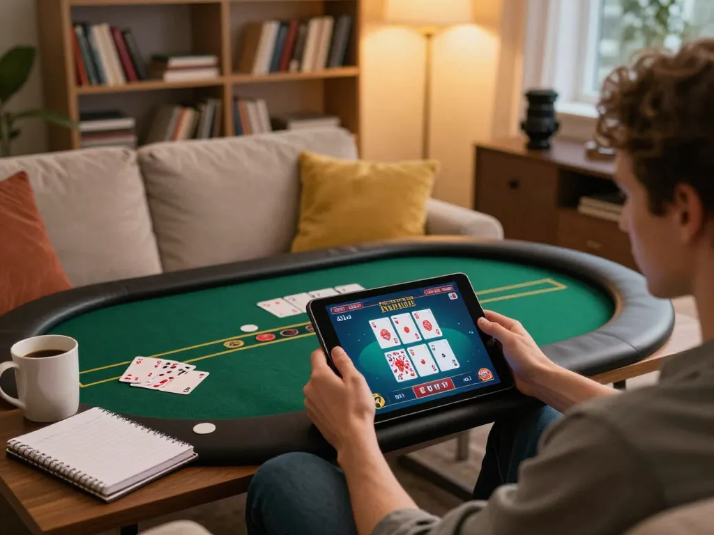 Engaging in online gaming at lc88 com with a tablet, revealing poker action.