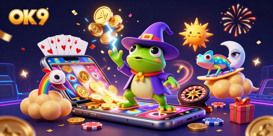 Spinning slot game excitement with OK 9 inspired frog and chameleon in a vibrant casino storm