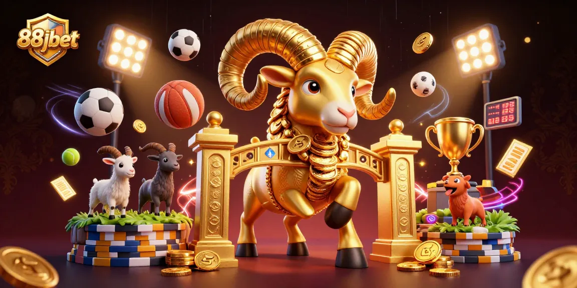 Engage with 88jbet's electrifying casino scene featuring a golden ram and dynamic sports elements.
