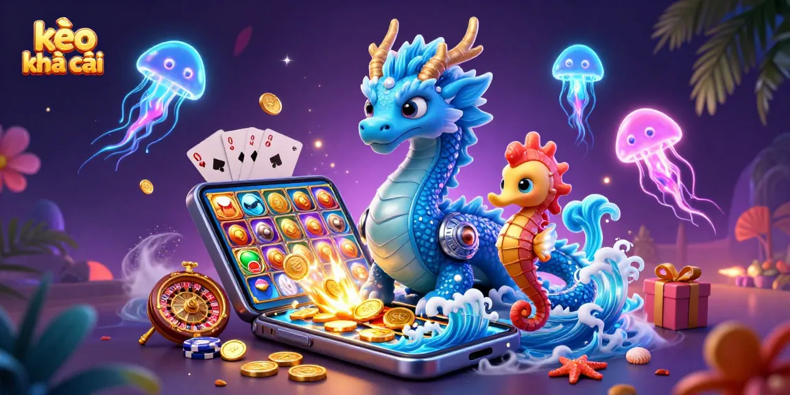 Engage with kèo nhà cái through a vibrant 3D illustration of a dragon, knight, and jellyfish amidst dynamic casino game elements.