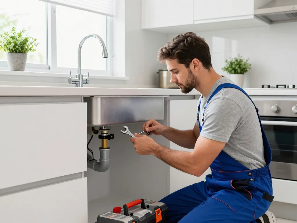 Professional plumber in São Paulo fixing a kitchen sink leak with tools, ensuring quality plumbing services at affordable rates.