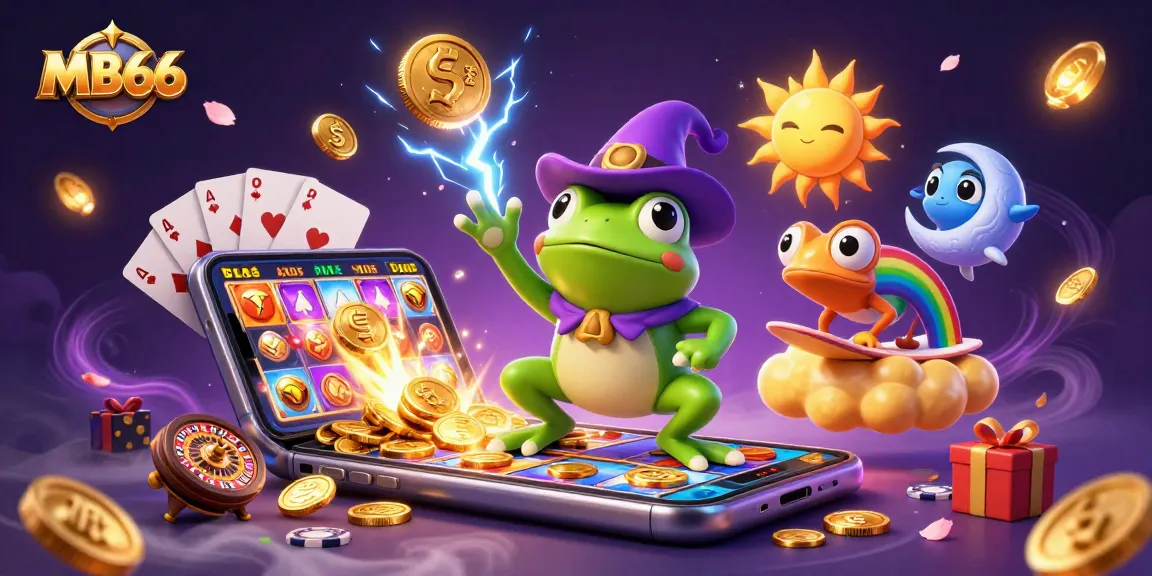MB66 offers dynamic gaming thrills with a storm of coins, casino game elements, and vibrant characters.