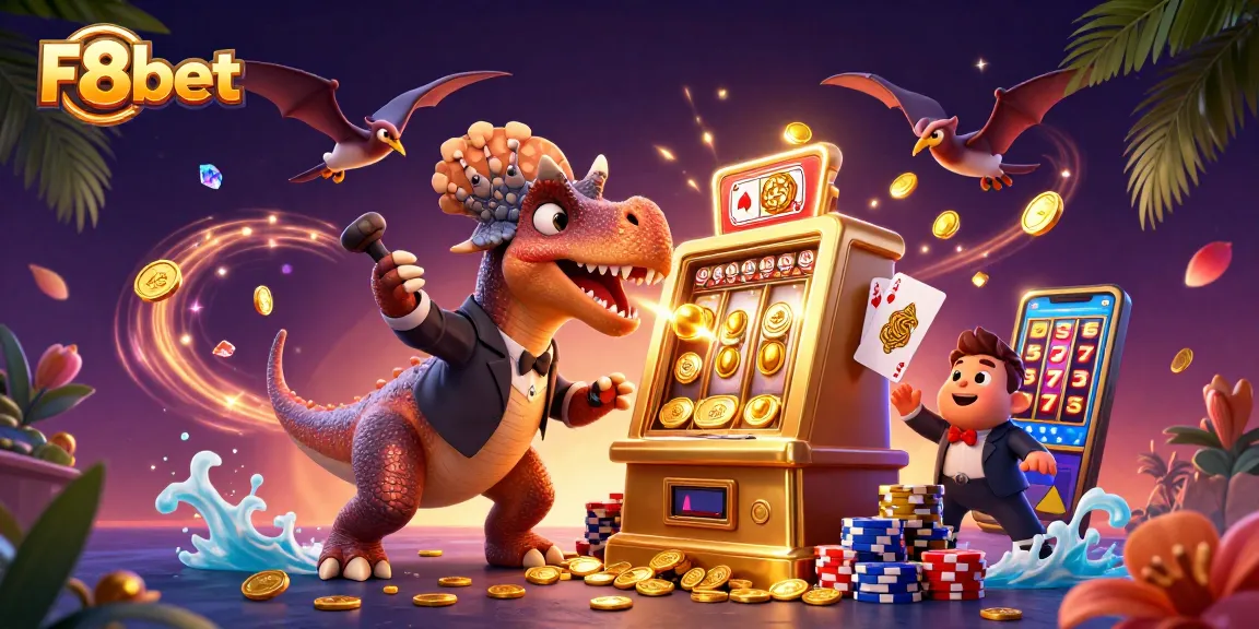 F8bet features a playful pachycephalosaurus triggering a jackpot at the slot machine amidst cascading coins and vibrant casino elements.