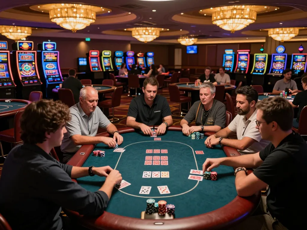 Engaged players in a high-stakes poker game at a luxurious casino showcasing 27G action with chips and cards.