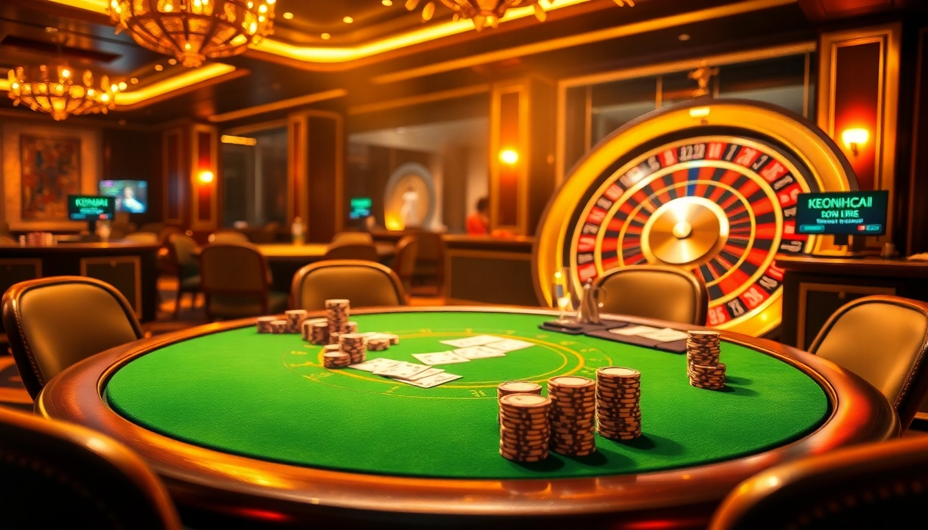 Engaging scene of gambling excitement featuring KEONHACAI elements at a luxurious casino table.