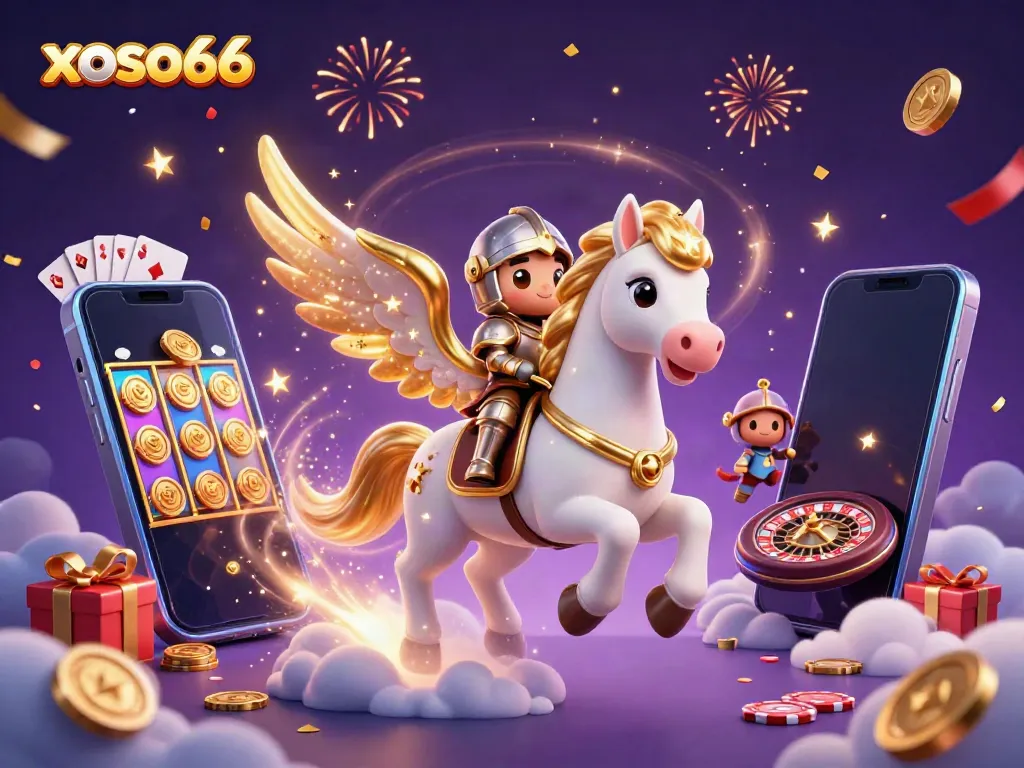 Xoso66 players enjoying slot games and casino features with dynamic visuals of a knight and a celestial horse.