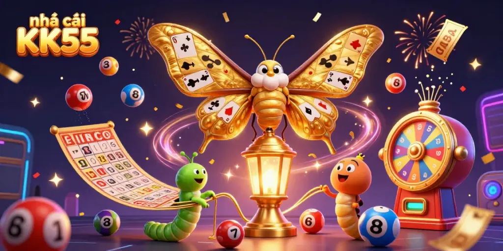 Engage with nhà cái KK55 showcasing vibrant lottery scenes and casino elements in a festive 3D illustration.