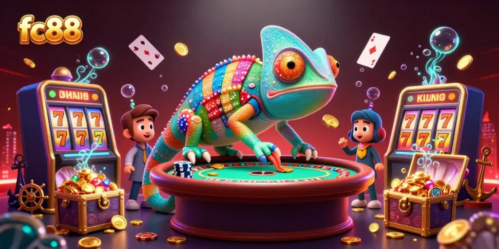 Engage in thrilling gameplay with fc88's vibrant chameleon casino owner, surrounded by dynamic slot reels and treasures.