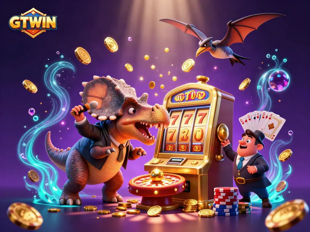 Witness a GTWIN jackpot as a cartoon dinosaur interacts playfully with a golden slot machine.