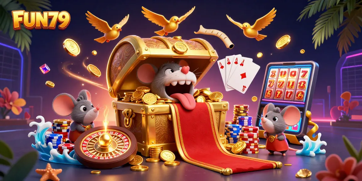 Experience excitement at FUN79 as mice discover treasures among cascading coins and vibrant poker elements.
