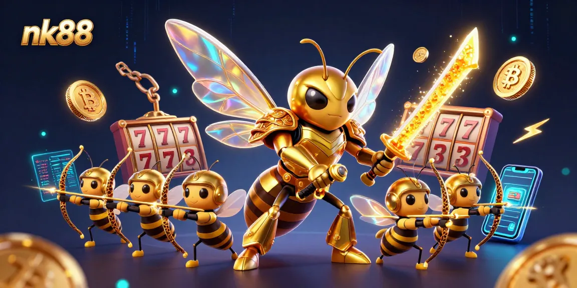 Win exciting jackpots at nk88, featuring a vibrant 3D scene with golden hornet samurai and casino elements.