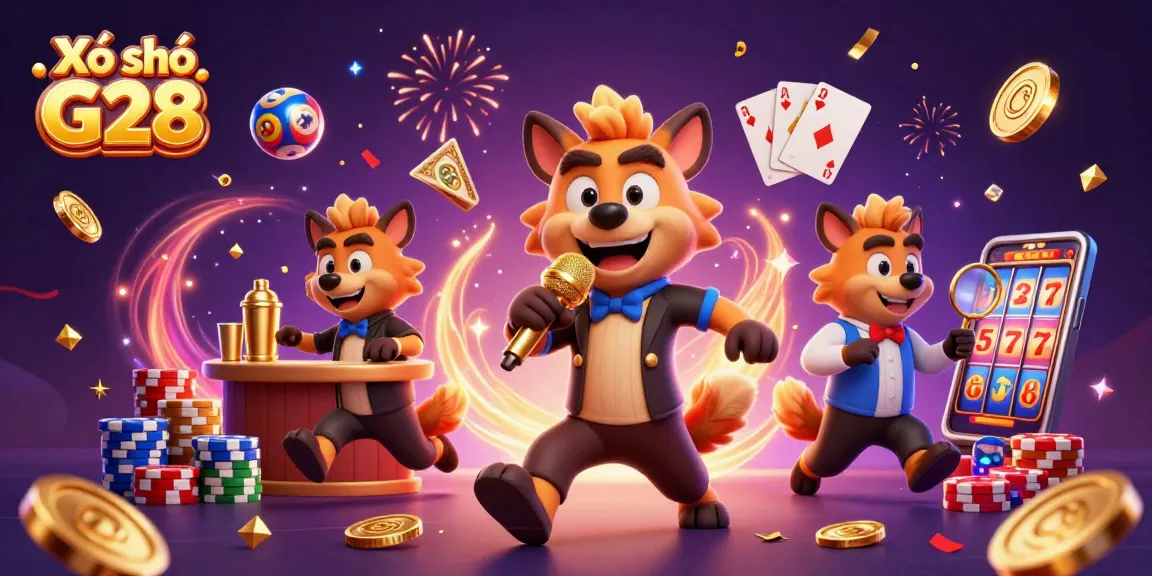 Xổ số G28 offers vibrant lottery fun with animated hyenas, colorful lottery balls, and casino excitement.