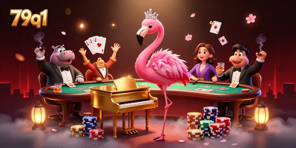 Experience vibrant gaming at 79q1 with a lively flamingo singer and hippo bassist amidst poker excitement.