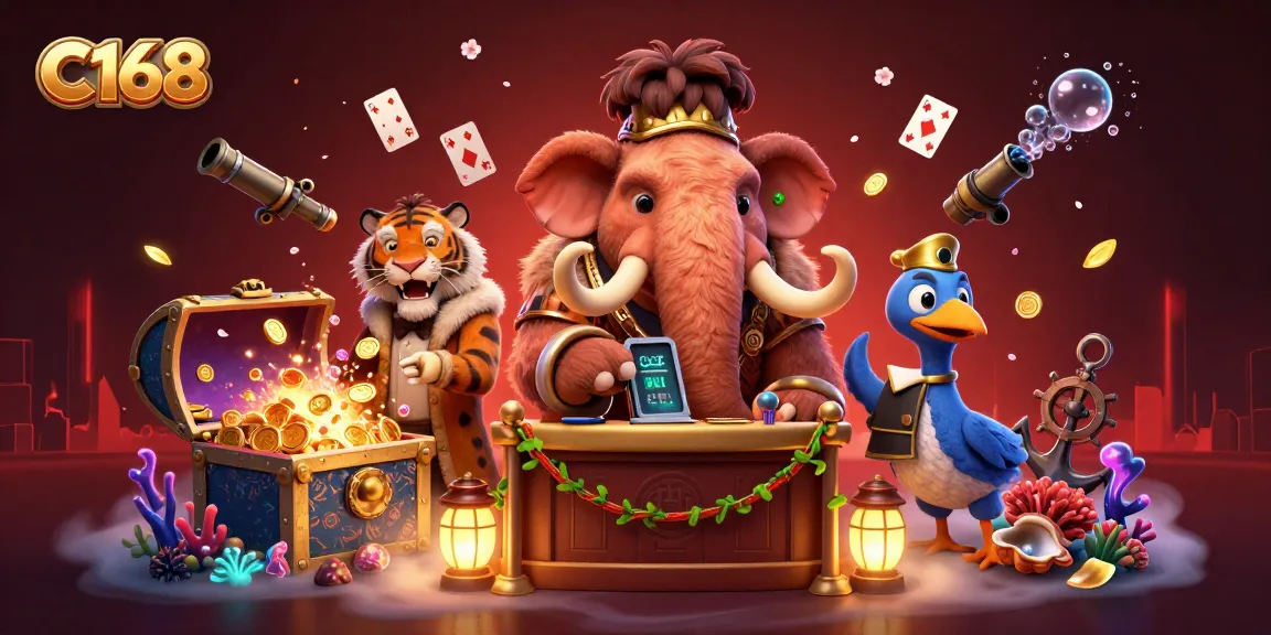 C168 casino scene with a woolly mammoth bouncer, saber-tooth tiger VIP, and dodo bird doorman welcoming players to a vibrant gaming experience.