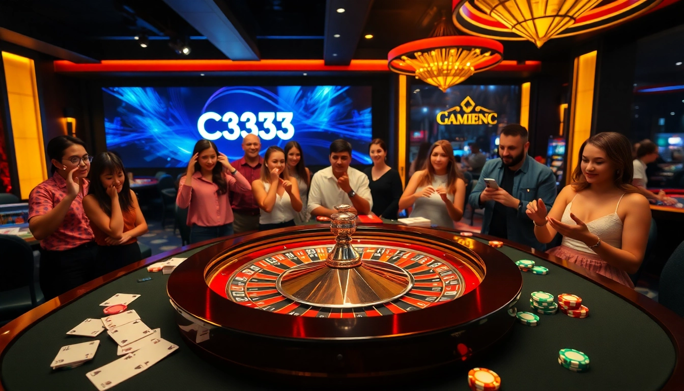 Jogadores da C333 aproveitando um animado jogo de roleta em um cassino sofisticado.