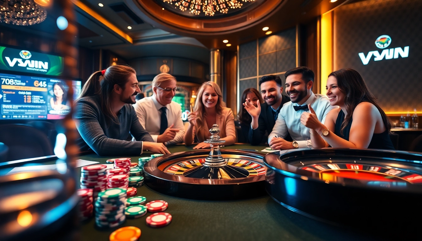 Experience the thrill of winning at VSWIN casino with vibrant gaming tables and excited players.