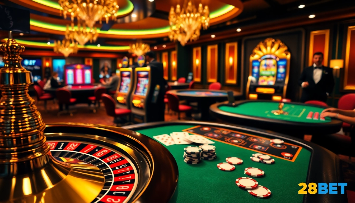 28BET casino table with poker chips, roulette wheel, and lively betting atmosphere.