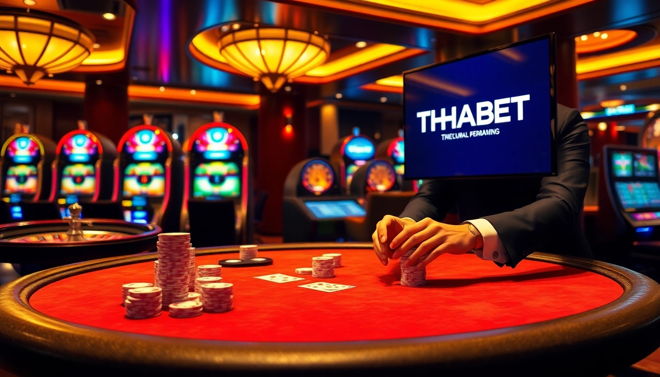 THABET casino scene showcasing poker, roulette, and vibrant slot machines in an elegant setting.