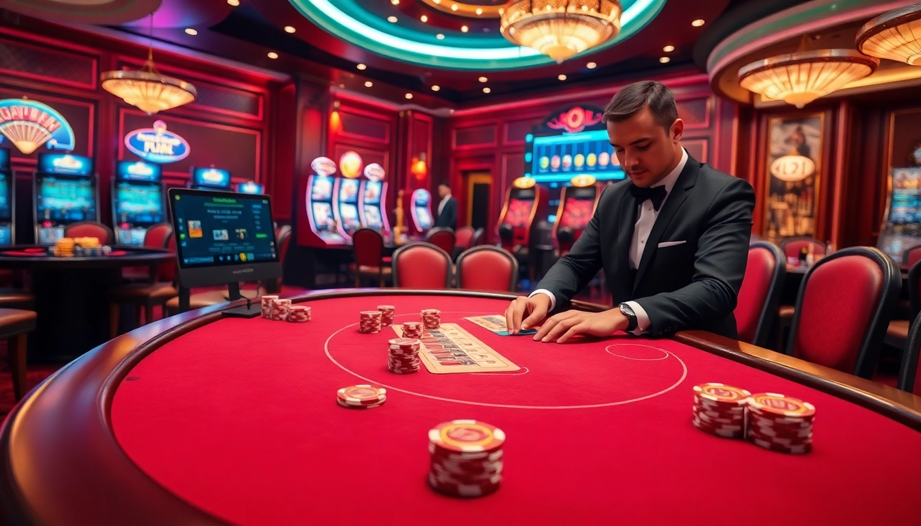 Experience the thrill of online gambling at www.new88seotop.com with a luxurious casino atmosphere featuring modern poker tables and slot machines.