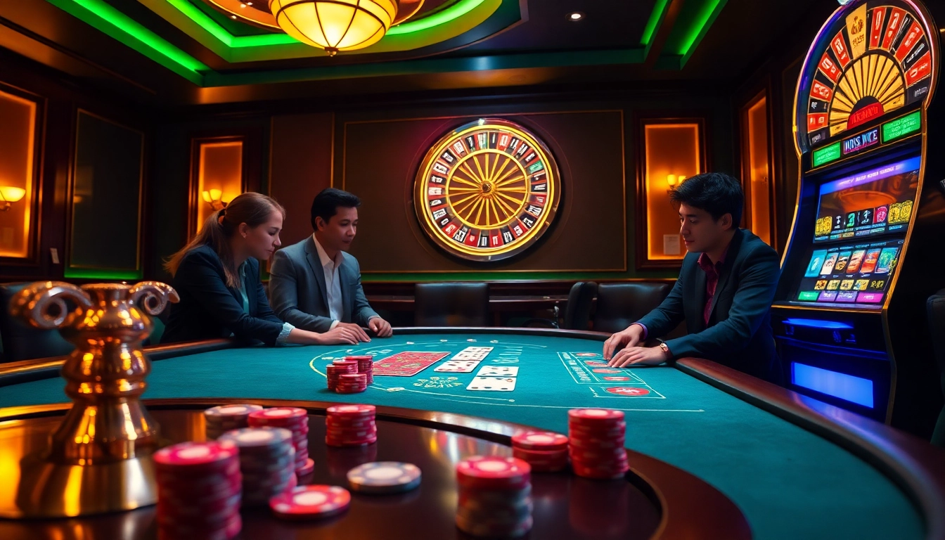 Jogadores engajados aproveitando a atmosfera emocionante do cassino 001WIN, com uma roleta e uma mesa de pôquer.