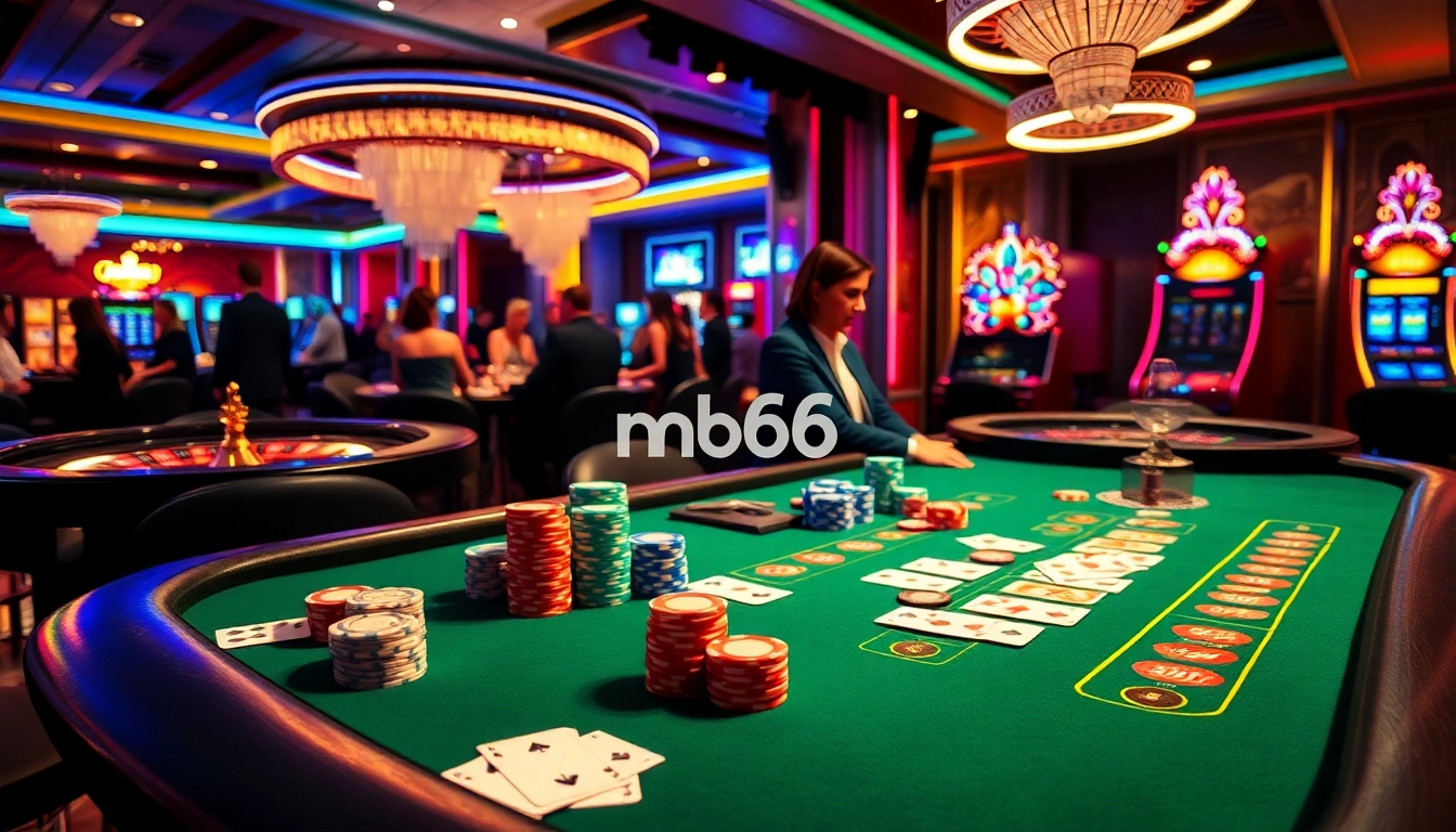 High-stakes poker action at mb66 casino with colorful chips and elegant players.